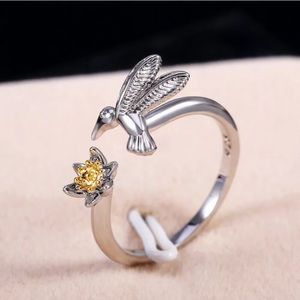 New 925 Hummingbird and Flower Adjustable Ring
